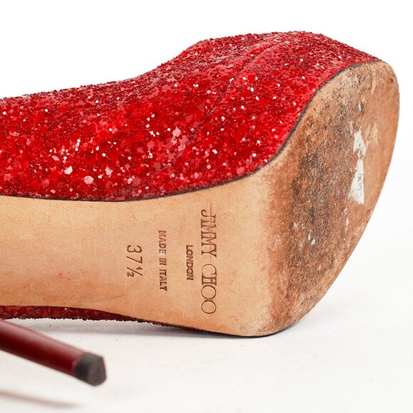 Jimmy Choo Crown Red Coarse Glitter Platform Pumps - Picture 5 of 9